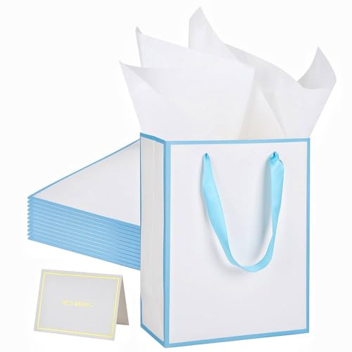 UoeRing 12 Pack Thank You Gift Bags with Handles 9.5x7.5x3.75 inch Gift Bags Medium Size Gift Bag with Tissue Paper and Card for Wedding Birthday Bridesmaid Holidays Mother's Day (White Blue)
