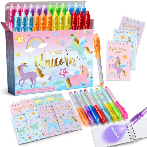 Toyssa 48 Pezzi Gadget Compleanno Bambini con Penna Invisibile & Taccuino, Regalini Fine Festa Compleanno per Bambini, Gadget Pignatta Bambino Bambina (Unicorno)