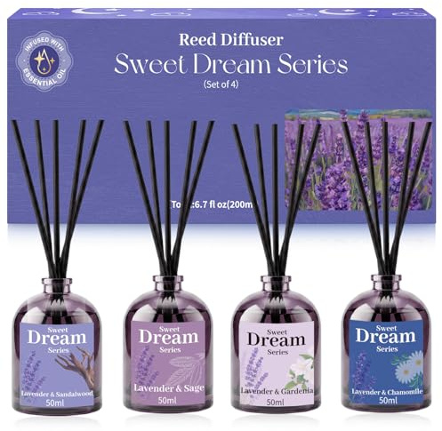 Scent-Hi Reed Diffuser Set 4 x 50ml, Long Lasting Lavender Home Fragrance | Gardenia, Sage, Chamomile & Sandalwood Blends, Room Diffuser for Bedroom, Living Room, Bathroom, Housewarming Gift, 24 Sticks