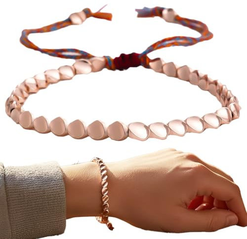 YIPFEN 1 pièce bracelet tibétain en cuivre, fait main, tressé, réglable, style perles trois côtés, perles en cuivre et fils (16-30 cm) (Or rose)