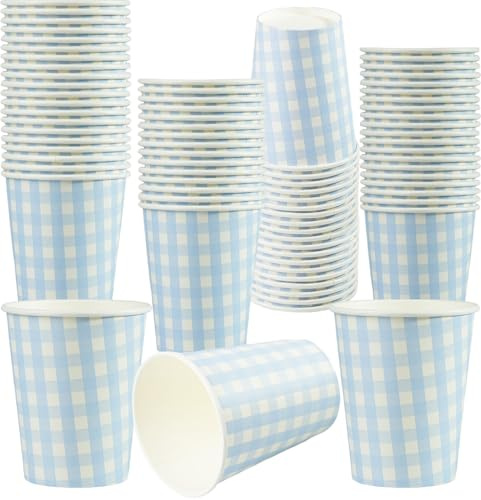 Cherypick Gobelets en carton jetables 240 ml – lot de 50 | motif vichy bleu, pour boissons chaudes et froides, maison et bureau (Bleu)