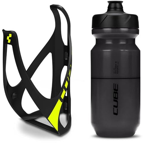 Cube HPP Cage - Matt Black/Yellow & Flow Bottle - Black, 750ml / Water Drink Flask Vessel Bidon Holder Mount Bracket Kit Lightweight Plastic Drinking Hydration Biking Bike Riding Frame Accessories