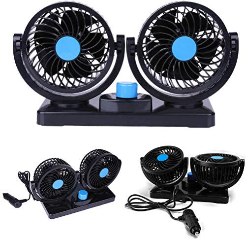 EVERGD Electric Car Vehicle Fan 12V 2-Speed 360° Rotating Adjustable Dual Head Auto Cooling Air Fan for Rear Seat Passenger/Baby/Pets