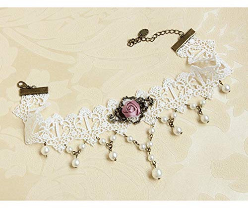 XZZZBXL Collana da Donna Fatte A Mano Viola Rose Fiore Perla Goccia Pizzo Bianco Collare Girocollo Breve Dichiarazione Collana Nuziale Parte Sfera Gothic Lolita