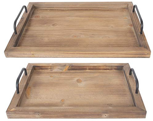 Besti Rustic Vintage Food Serving Trays (Set of 2) | Nesting Wooden Board with Metal Handles | Stylish Farmhouse Decor Serving Platters | Large: 15 x2 x11 - Small: 13 x2 x9 inches (Rustic Burnt)