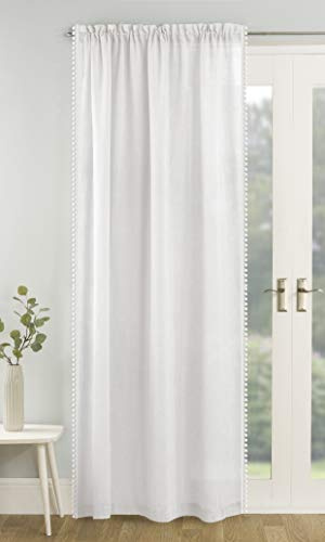 Tyrone Textiles Tahiti White Pom Pom Trim Linen Look Voile Panel (Drop - 48 (122cm))