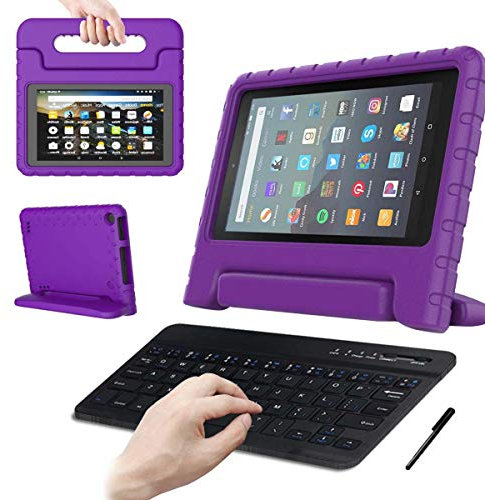 FINDING CASE for All-New Amazon Fire 7 with alexa Tablet Case(9th & 7th & 5th Gen,2019 & 2017 & 2015 Release)with Wireless Bluetooth Keyboard-Shock Proof Foam Handle Stand Protective Cover Case purple