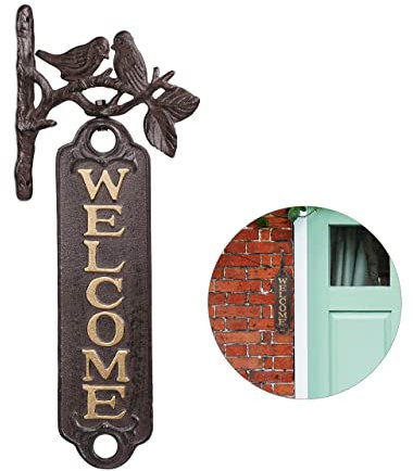 relaxdays Letrero Bienvenida, Diseño Antiguo con Aves, Placa Welcome, Hierro Fundido, 1 Ud., 39,5 cm Alto, Marrón-Dorado