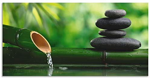 ARTland Wanddeko Wandbild Alu Verbundplatte für Innen & Outdoor Bild 100x50 cm Wellness Zen Stein Fotografie Grün Bambusbrunnen und Zen-Stein S5YF