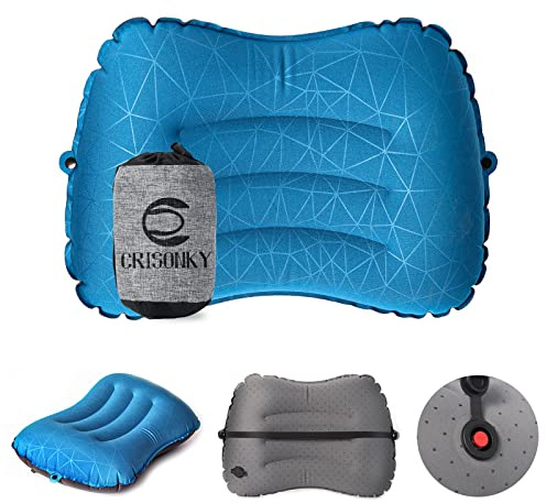 Crisonky Camping Pillow - Inflatable Pillow - Travel Pillows for Backpacking & Airplane, Lumbar Support 2.0 Blow Up Pillow, Ultralight Compressible, Comfortable, Ergonomic Pillows