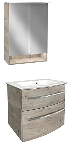 FACKELMANN Badmöbel Set B.Style 3-TLG. Dunkelbraun & Mineralgusswaschbecken & LED Spiegelschrank 60 cm - Made in Germany