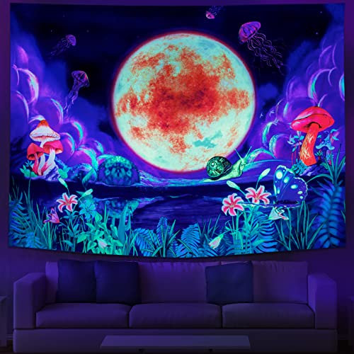 Amhokhui Schwarzlicht Trippy Moon Tapisserie UV Reactive Tapisserie Psychedelic Jellyfish Tapisserie Hippie Mushroom and Plant Tapisserie Nail Tapisserie Fantasy Landschaft Tapisserie Wandbehang