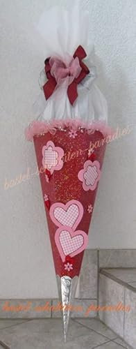 Schultüten Bastelset Blumen und Herzen dunkelrot-rosa mit Schleifenband-Rüsche, Glitzer-Rohling