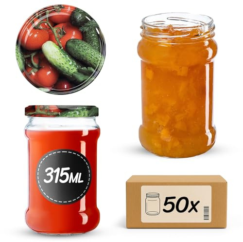 KADAX 50st Einmachgläser 315 ml mit fi66 mm Schraubdeckel für Honig, Dessert, Marmeladen | Luftdichte Gläschen, Einmachglas, Rundgläser, Konfitürengläser, Honiggläser (50 Stück, Gemüse)