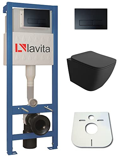 Domino Lavita Vorwandelement inkl. Drückerplatte + Wand WC LINO BLACK ohne Spülrand + WC-Sitz mit Soft-Close-Absenkautomatik (Drückerplatte RB) Toilette Komplett Sett WC