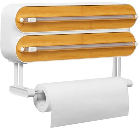 Quasziwa Dispensador Papel Aluminio y Film con Portarrollos Cocina - Organizador Mejorado Magnético de Papel Film Transparente con 50 Metros Film de Plástico, Soporte Papel Cocina 3 en 1, Blanco