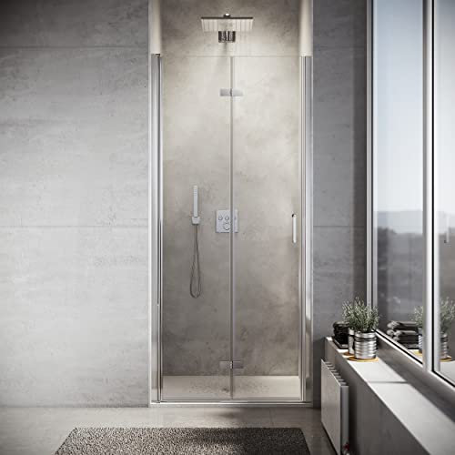 SONNI Porta Pieghevole da Interno, Vetro 6 mm Temperato Trasparente Doccia Battente, 76 x 195 cm Anticalcare Telaio Cromo