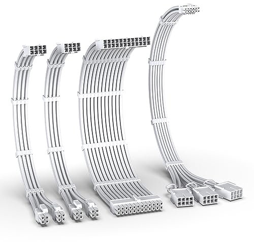 EZDIY-FAB Kit de câble gainé PCIE 5.0 12VHPWR,Extension de câble d'alimentation 16AWG,PC PSU Sleeved Cable,24PIN-ATX/(4+4) PINEPS/(12+4) PIN to 3X 8 PIN PCIE-RTX4080/4070Ti Câble d'extension-Blanc pur