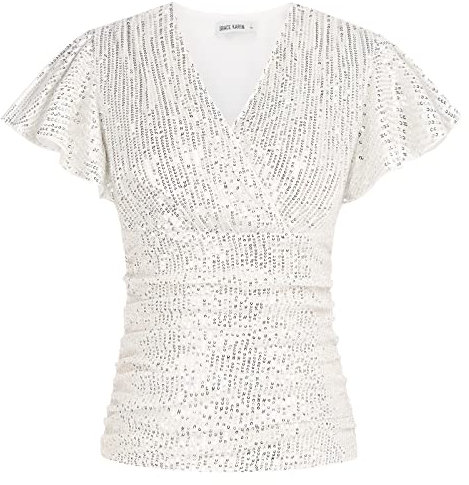 Damen Pailletten V-Ausschnitt Bluse T-Shirt Kurzarm Flatterärmel Tops Casual Oberteile Glitzer Silber Weiss L