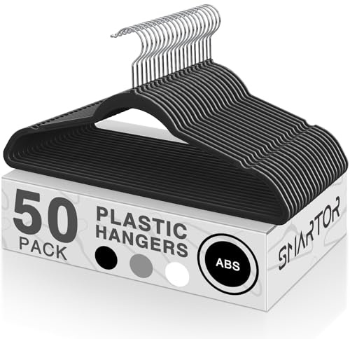 SMARTOR Plastic Hangers 50 Pack, Heavy Duty Plastic Hangers for Clothes - Non-Velvet Slim Hangers with 360° Swivel Hook & Clothes Thin Hanger - Durable Coat Hangars, Space Saving Hanger - Black