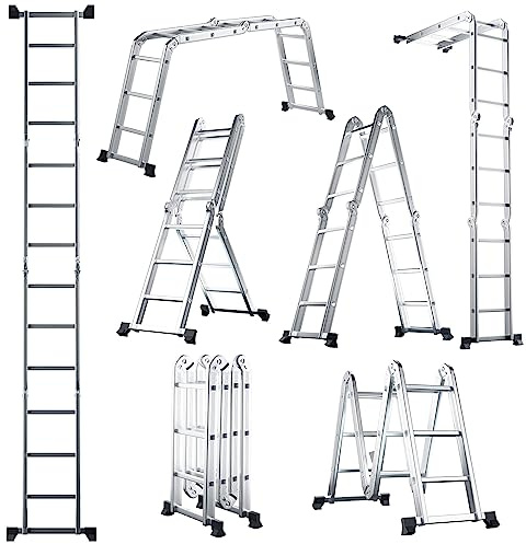 COSTWAY Escalera Plegable Multiuso Resistente, Escalera Extensible con Estructura en Alúmina Ligera y Fácil de Almacenar, Escalera para Uso con Peldaños Cuadrados,Largo: 370 cm