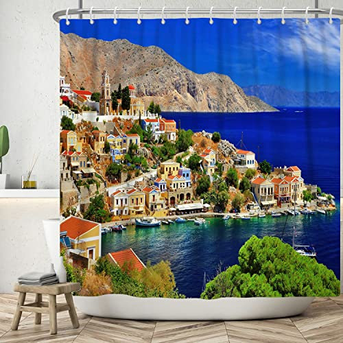ASDCXZ Tenda da doccia paesaggio 180 x 200 cm, Europa Grecia Mare Isola Naturale Paesaggio Colorato Edificio Bagno Lavabile Tende da Doccia Poliestere Tessuto Impermeabile Tenda da Bagno per Vasca da
