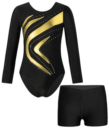 Freebily Kinder Mädchen Turnanzug Langarm Gymnastik Trikot Gymnastik Shorts Set Ballett Body Turnshorts Set Wettkampf Tanzoutfit Trainingsanzug Gold_B 134-140