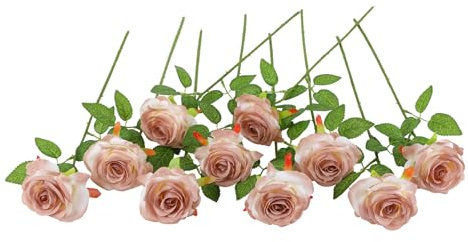 JUSTOYOU 10 rose artificiali, doppio colore, stelo singolo, fiori finti per casa, feste, bouquet di nozze (colore sfumato, caffè)