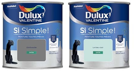 Dulux Valentine Peinture Si Simple Peinture Intérieure Toutes Pièces Satin - Peinture Murs et Plafonds, Portes et Plinthes - Lot de 2 - Couleurs : L'Anthracite & Le Bleu Clair 0,5 L