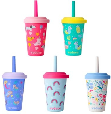 REDUCE GoGo's Kids Portable Tumbler Cups with Lids and Spill-Proof Straws - 5 Pack of Stackable 12 oz Tumblers with Twist-On Lids - Easy Storage, Dishwasher Safe - Serendipity Set