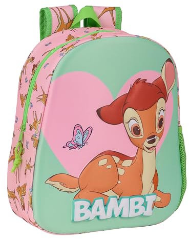 safta Bambi Schulrucksack mit 3D-Design, anpassbar an den Wagen, ideal für Kinder verschiedener Altersgruppen, bequem und vielseitig, Qualität und Widerstandsfähigkeit, 27 x 10 x 33 cm, Grün/Rosa,