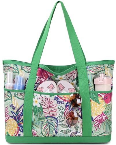 JANSBEN Bolsa de playa XXL familiar para mujer, grande, con cremallera, bolsa de playa de lona, bolso de la compra, para playa, viajes, compras, Green Leaf
