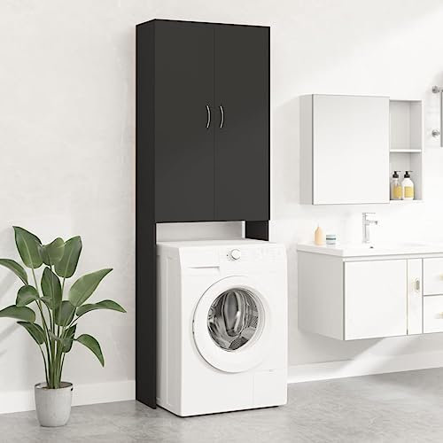homiuse Waschmaschinenschrank Waschmaschinenüberbauschrank Platzsparendes Modisches Design Robust & Langlebig Badschrank Waschküche Möbel mit 2 Türen / 3 Fächern Schwarz 64x25,5x190 cm
