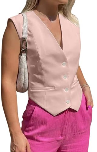 Minetom Gilets de Tailleur Femme Élégant Sans Manche Blazer Gilet de Costume Col V Slim Fit Affaires Travail Veste Waistcoat F Rose S
