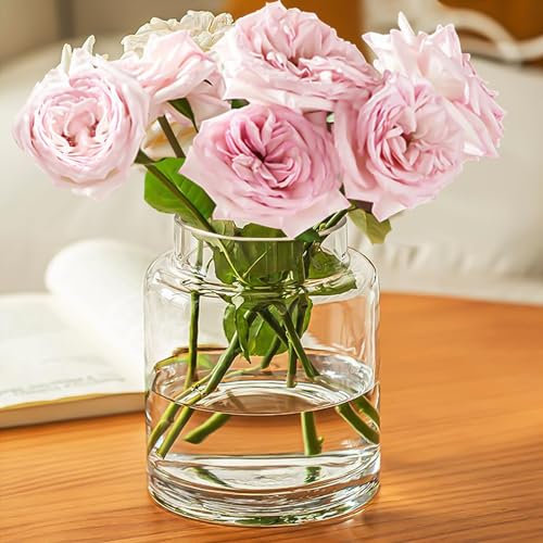 Jarrón de cristal redondo – jarrón de tulipanes, jarrón grande de cristal para decoración moderna del hogar, jarrón de cristal transparente, apto para hierba de las Pampas y tulipanes, para salón,