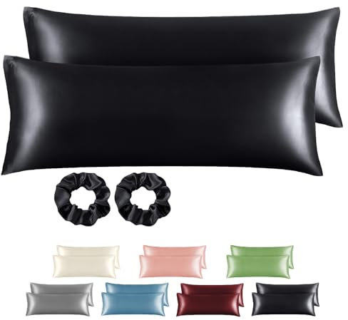 BEDELITE Satin Kissenbezug 40x145 Schwarz - Seitenschläferkissen Bezug 40 x 145 2er Set mit 2 Haargummis wie Seidenkissenbezug, Kopfkissenbezug 145x40 für Seitenschläfer Kissen