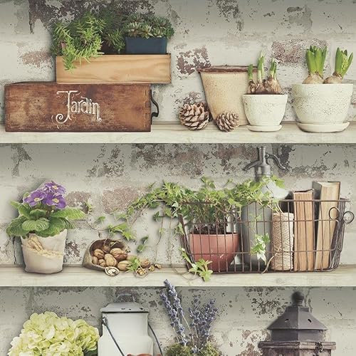 Garden Shelves Wallpaper Floral Flower Pots Rustic Green Grey White Living Room Kitchen