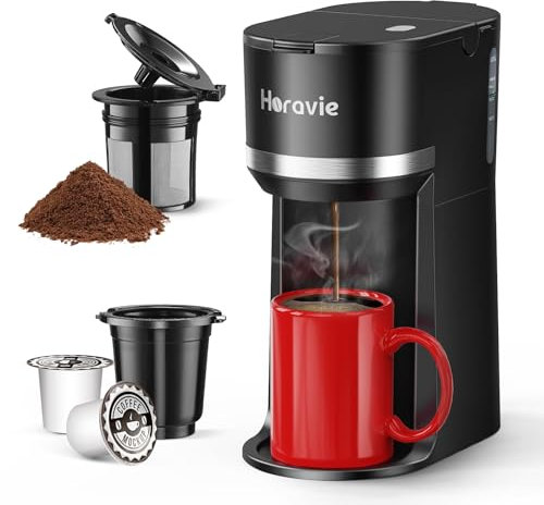 Horavie Mini Single Serve Coffee Maker for K Cup and Ground Coffee, Fast Beer Single Cup Coffee Machine with Descaling Reminder and Water Window, 6-12 Ounces, Sizes