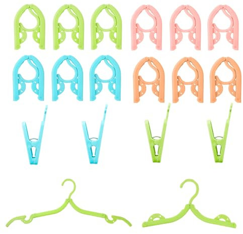 GOWTX 12Stk Rutschfeste Reise Kleiderbügel, 4 Farben PP Kunststoff Camping Kleiderbügel, Tragbare Zusammenklappbare Faltbare Kleiderbügel mit Rillen Design & 4 Klammern für Hotel & Zuhause