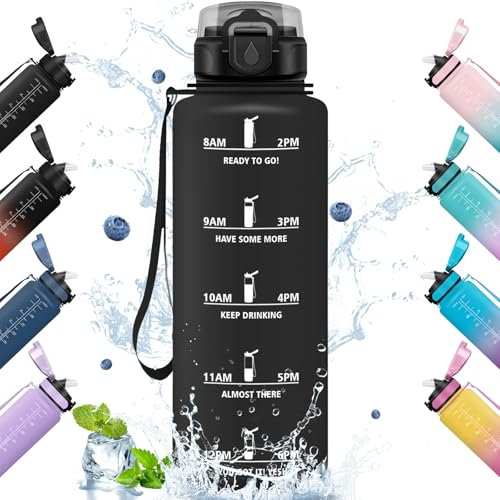 HoneyHolly Trinkflasche, 1.5L mit Strohhalm, Trinkflasche Sport, mit Zeitmarkierung, Wasserflasche, Auslaufsicher, Trinkflasche Kohlensäure Geeignet für Outdoor, Wandern, Fitness, Radfahren