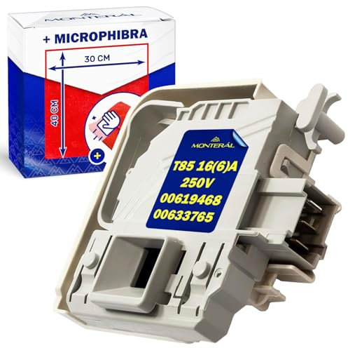 Bloqueo Cerradura para Puerta Lavadora T85 16(6) A 250V con 3 Сontactos con Código Original 00619468 00633765 para Bosch para Siemens - Completo con Bayeta Microfibra - Garantía de 10 Años - MONTERAL