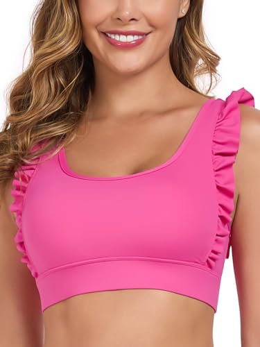 RELLECIGA Damen Sport-BH mit Rüschen, U-Ausschnitt, Fitness, Unterstützung, Workout, Yoga, BH, Knallpink (Hot Pink), X-Large