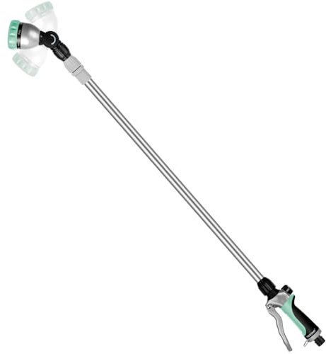 Restmo Langer Teleskop Gießstab 92-152 cm, Lang Gartenbrause Metall mit 180° schwenkbaren Kopf, 7 Sprühmustern, Durchflusskontrolle, Bewässerung Zauberstab zum Blumenampeln und Sträucher, Blaugrün