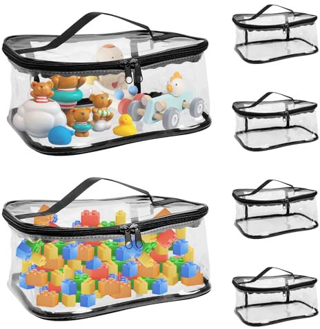 6 Pcs Toy Storage Bags with Zipper, Clear PVC Toy Storage Bags Reusable Waterproof Toy Storage Organizer with Portable Handle for Building Blocks,Puzzle,Toys and Books 9.4x7x4.3 Inch