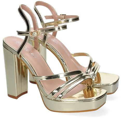 shoes&blues.es 89708 Sandalia de Tacon para Mujer, Diseno Moderno y Elegante, con Tiras Cruzadas en la Pala, Ideales para Eventos y Cierre de Hebilla. Oro Talla 37