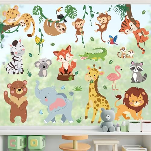 wondever Fenstersticker Frühling Sommer Kinder Tiere Fenster Aufkleber Waldtiere Bär Affe Löwe Fensterbilder Fensteraufkleber Anti-Kollision Doppelseitig Glasaufkleber Glas Deko