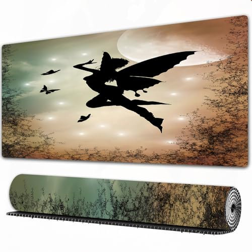 FEHWI Grand Tapis de Souris de Jeu avec Bords surpiqués et Dos antidérapant,sous-Main pour Clavier et Souris,Fond d'écran Vert avec Un Design représentant Une Belle fée,90×40 cm