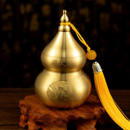 Feng Shui Chinese Brass Hu Lou Pumpkin Statue Brass Wu Lou Cucurbit Home Decoration Table Bookshelf Ornaments Lucky Protection Figure Happy Hu Lu Retro Wu Lou Lucky Amulet Charm for Office（Yellow）