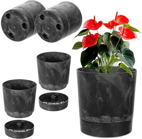 KADAX Blumentöpfe mit Untersetzern, 2er Set, Durchmesser 20cm, Übertöpfe aus Kunststoff, Blumenübertöpfe, Pflanztöpfe für Zimmerpflanzen (Beton Schwarz)