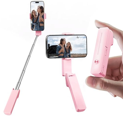 yAyusi Ausziehbarer Mini-Selfie-Stick, Tragbarer Selfie-Stick im Taschenformat mit Fernbedienung, Kompakter Handyhalterung Stand mit Telefonhalter für Vlog/Videoaufzeichnung/Live-Streaming (Rosa)